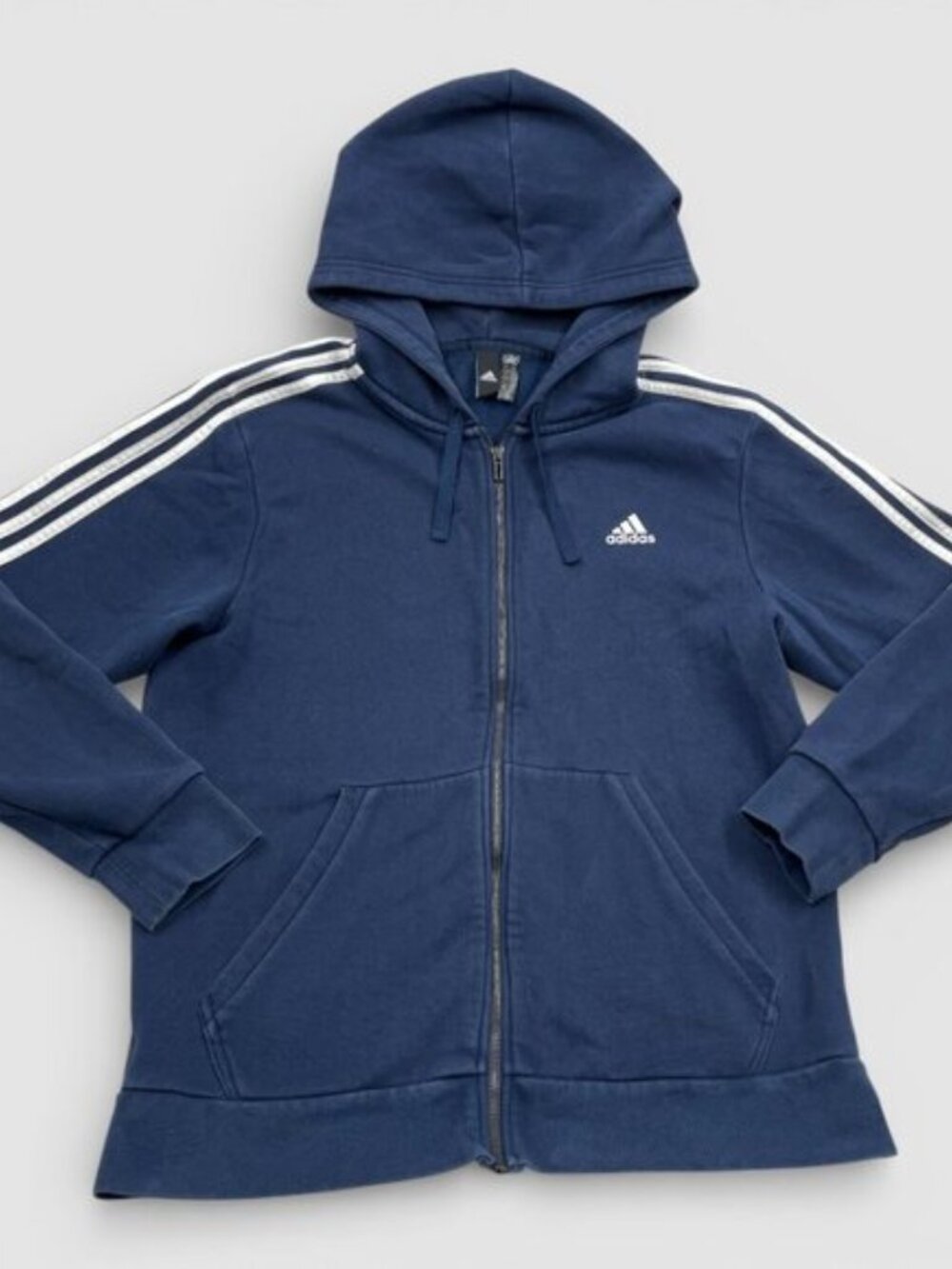 Adidas 3 Stripe Blue Hooded Hoodie Full Zip Cotton Blend Track Jacket Men's L